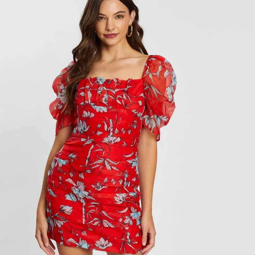 Charlie Holiday Red & Grey Ruched Floral Dress - Picture 6 of 8